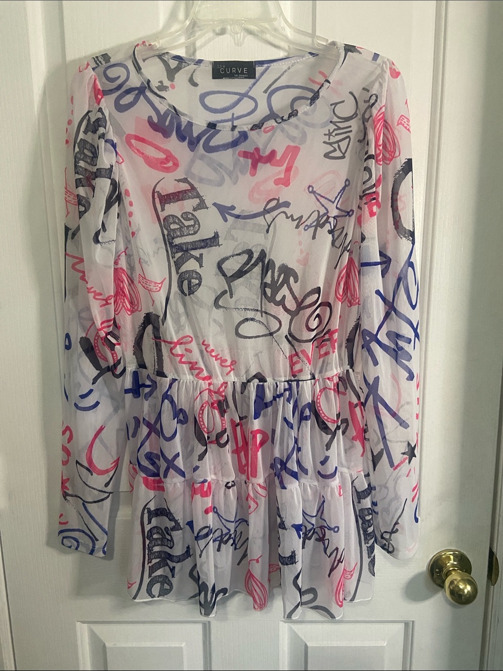 White Mesh Graffiti Tunic with Pink & Blue Script